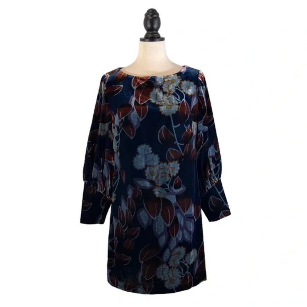 Ann Taylor Velvet Mini Dress Blue Floral Print Balloon Sleeve, Size 2